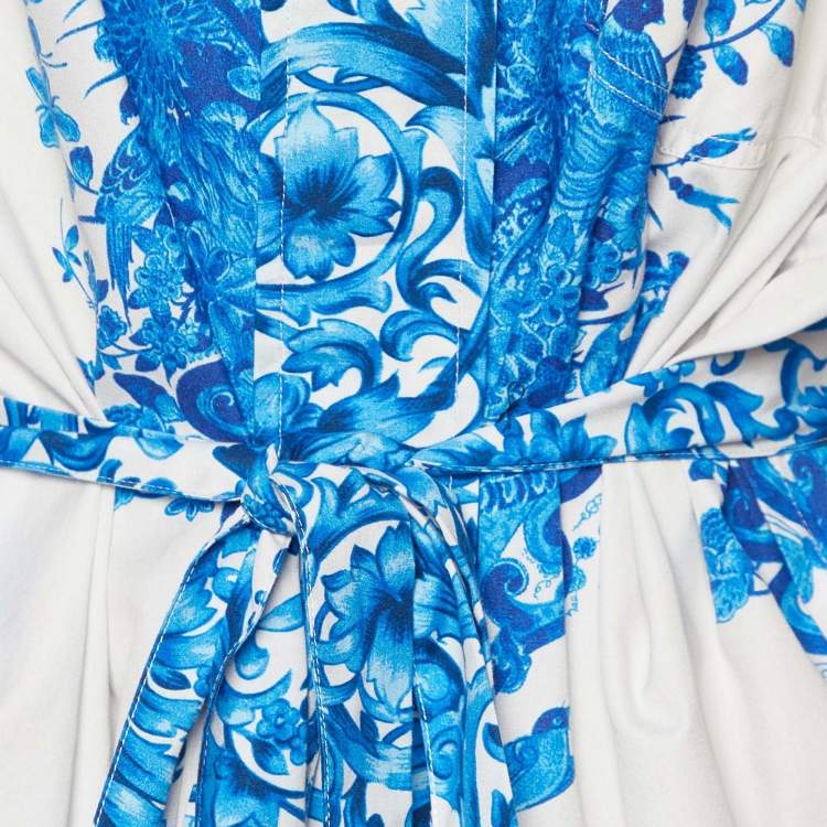 Pre Owned Valentino White Bluegrace Print Poplin Neck Tie-Up Shirt L