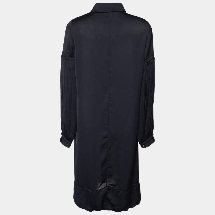 مملوكة مسبقًا Valentino Black Satin Pleated Sleeve Shirt Dress M