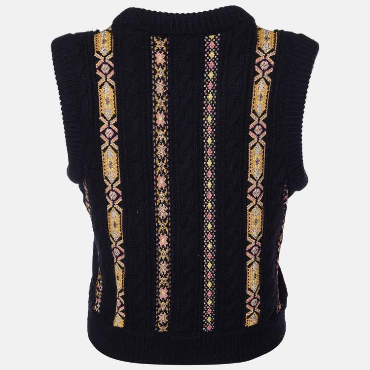 Pre Owned Valentino Black Patterned Fleece Wool and Cashmere Zip Front Vest M
