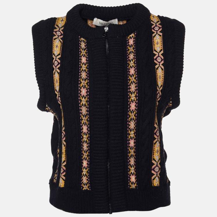Pre Owned Valentino Black Patterned Fleece Wool and Cashmere Zip Front Vest M