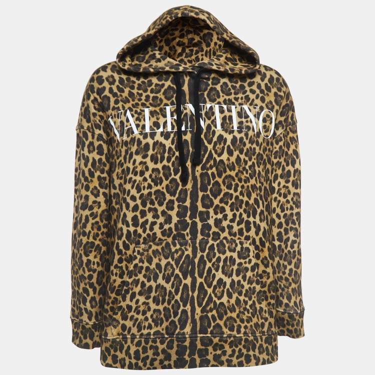 Pre Owned Valentino Brown Leopard Print Cotton Oversized Hoodie XS