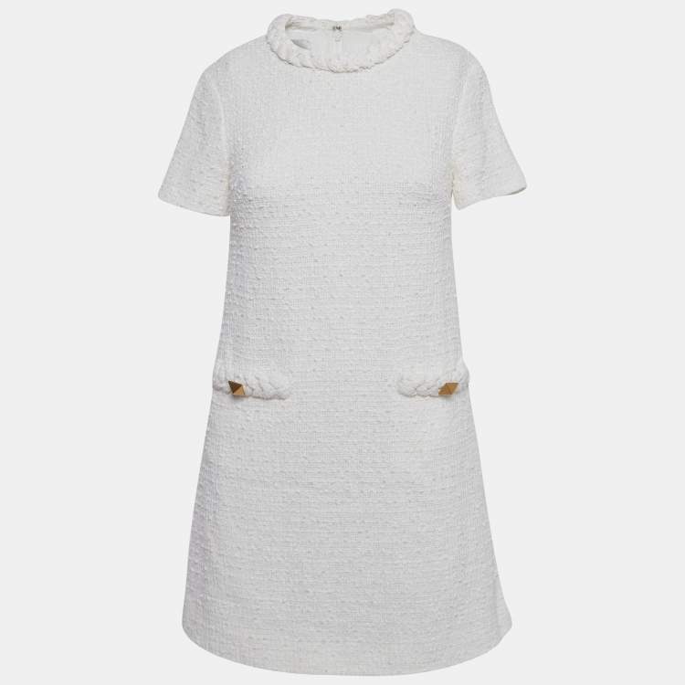 Pre Owned Valentino Off-White Tweed Mini Dress S