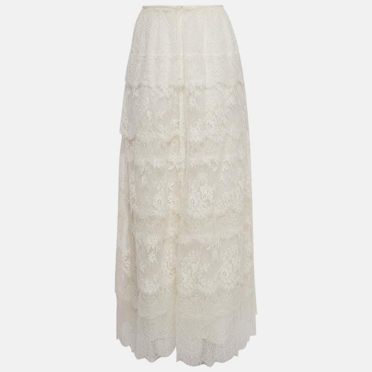 Pre Owned Valentino White Patterned Lace Tiered Midi Skirt L