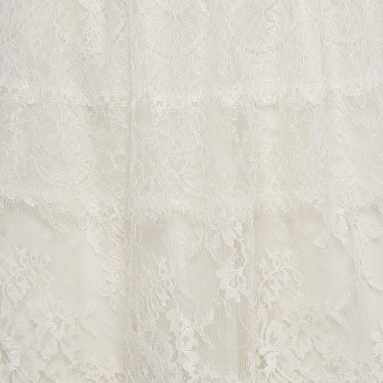 Pre Owned Valentino White Patterned Lace Tiered Midi Skirt L