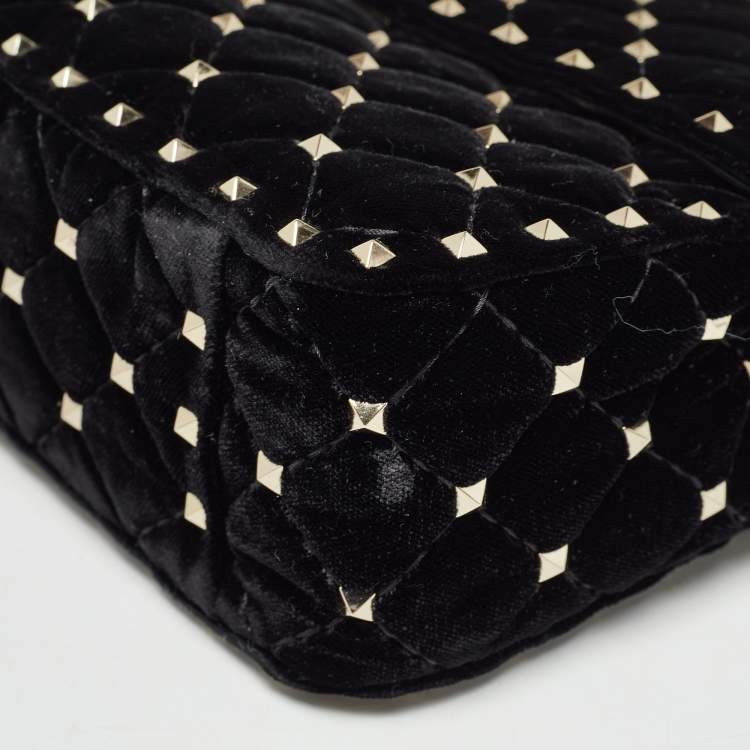 Pre Owned Valentino Black Quilted Velvet Medium Rockstud Spike Top Handle Bag