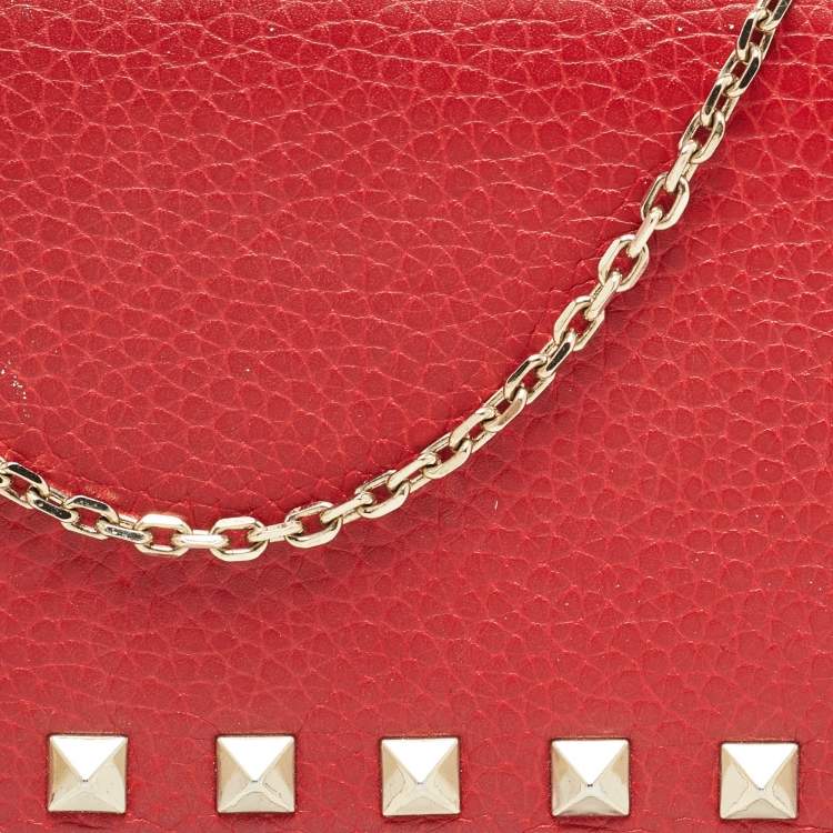 Pre Owned Valentino Red Leather Rockstud Flap Wallet on Chain