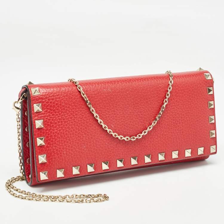 Pre Owned Valentino Red Leather Rockstud Flap Wallet on Chain