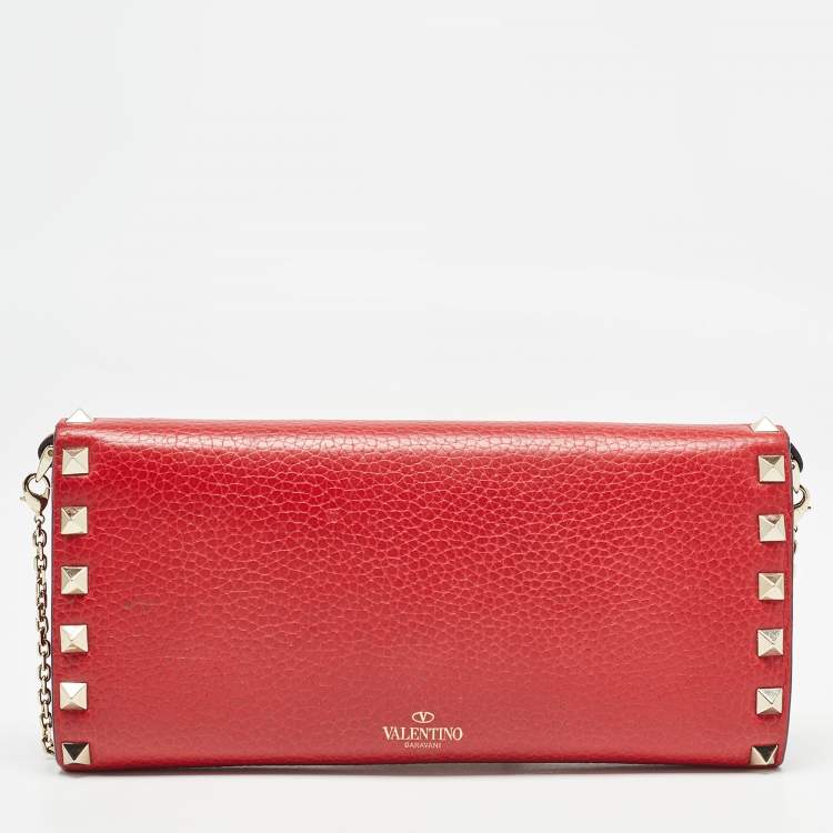 Pre Owned Valentino Red Leather Rockstud Flap Wallet on Chain