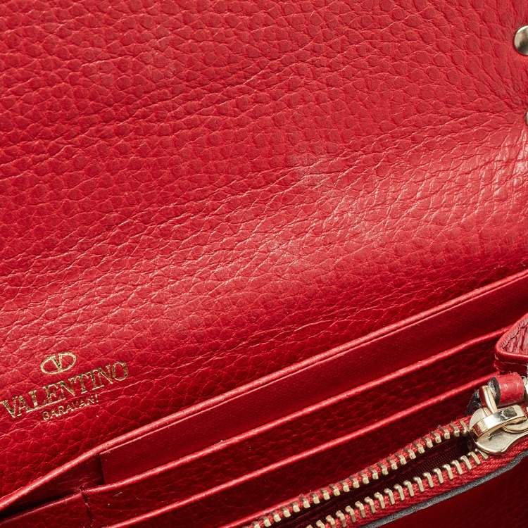 Pre Owned Valentino Red Leather Rockstud Flap Wallet on Chain