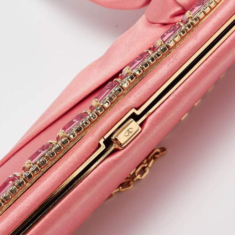 Pre Owned Valentino Pink Satin Crystal Embellished Bow Chain Clutch
