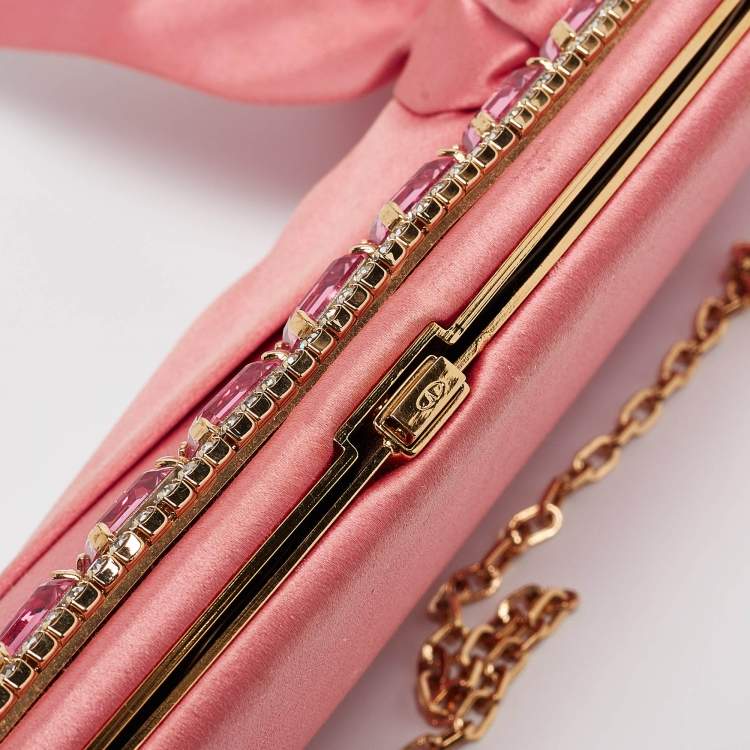 Pre Owned Valentino Pink Satin Crystal Embellished Bow Chain Clutch