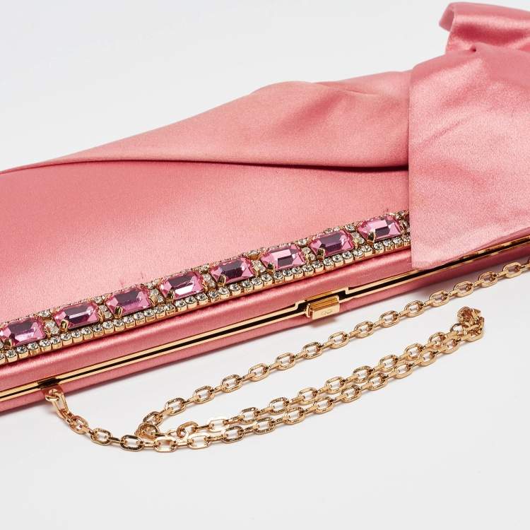 Pre Owned Valentino Pink Satin Crystal Embellished Bow Chain Clutch