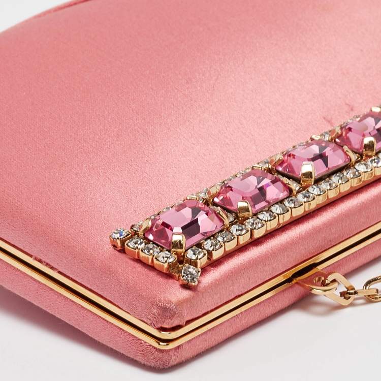 Pre Owned Valentino Pink Satin Crystal Embellished Bow Chain Clutch