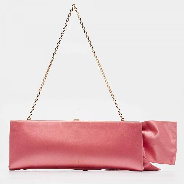 Pre Owned Valentino Pink Satin Crystal Embellished Bow Chain Clutch