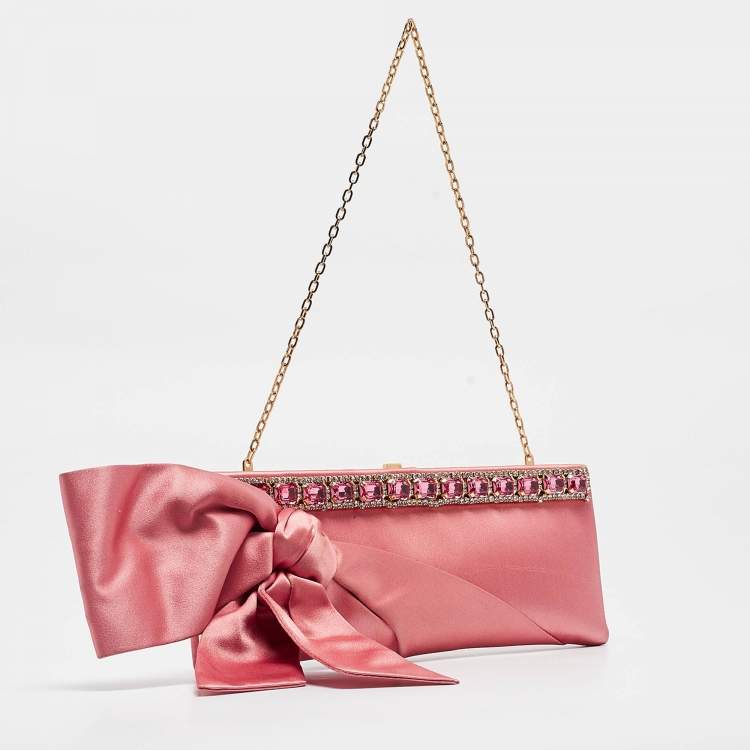 Pre Owned Valentino Pink Satin Crystal Embellished Bow Chain Clutch