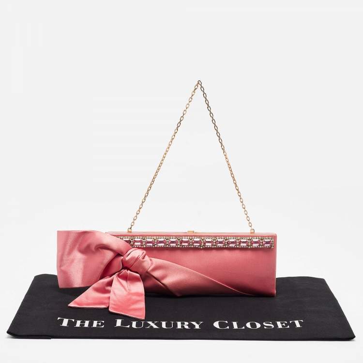Pre Owned Valentino Pink Satin Crystal Embellished Bow Chain Clutch