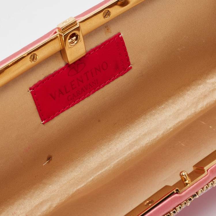 Pre Owned Valentino Pink Satin Crystal Embellished Bow Chain Clutch