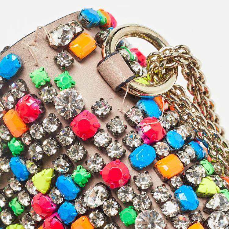 Pre Owned Valentino Beige Leather Multicolor Embellished Small Rockstud Glam Lock Flap Bag
