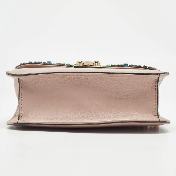 Pre Owned Valentino Beige Leather Multicolor Embellished Small Rockstud Glam Lock Flap Bag