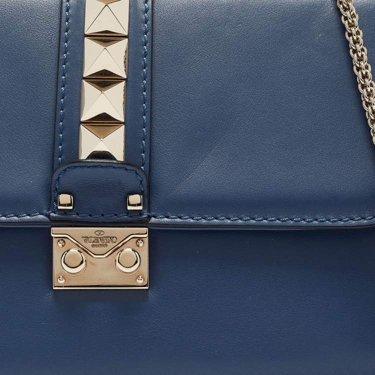 Pre Owned Valentino Blue Leather Large Glam Lock Chain Shoulder Bag