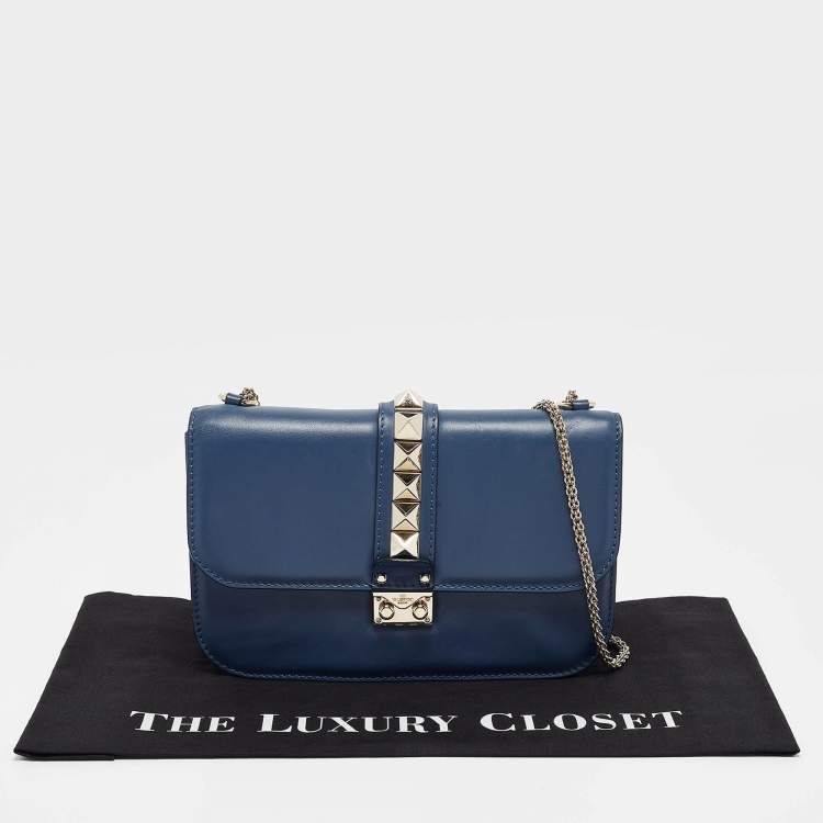 Pre Owned Valentino Blue Leather Large Glam Lock Chain Shoulder Bag