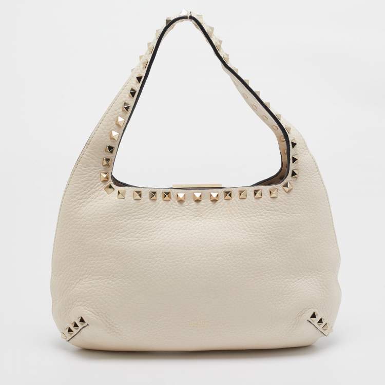 Pre Owned Valentino Off White Leather Rockstud Hobo