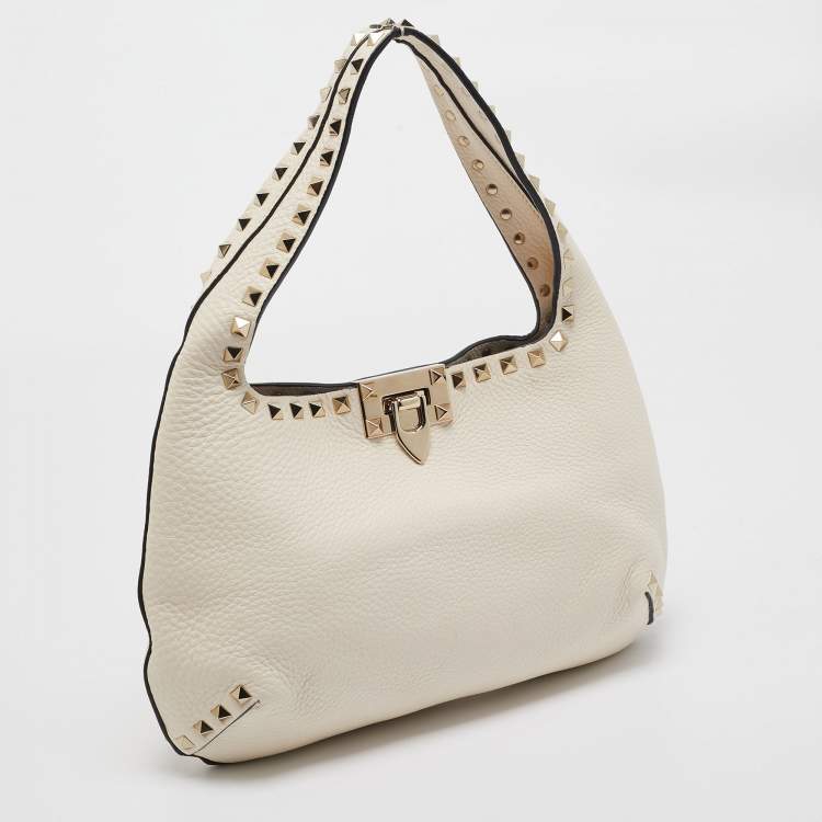 Pre Owned Valentino Off White Leather Rockstud Hobo