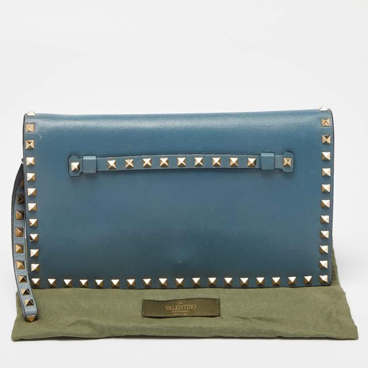 Pre Owned Valentino Blue Leather Flap Rockstud Clutch