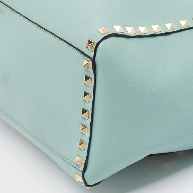 Pre Owned Valentino Light Blue Leather Medium Rockstud Trapeze Tote