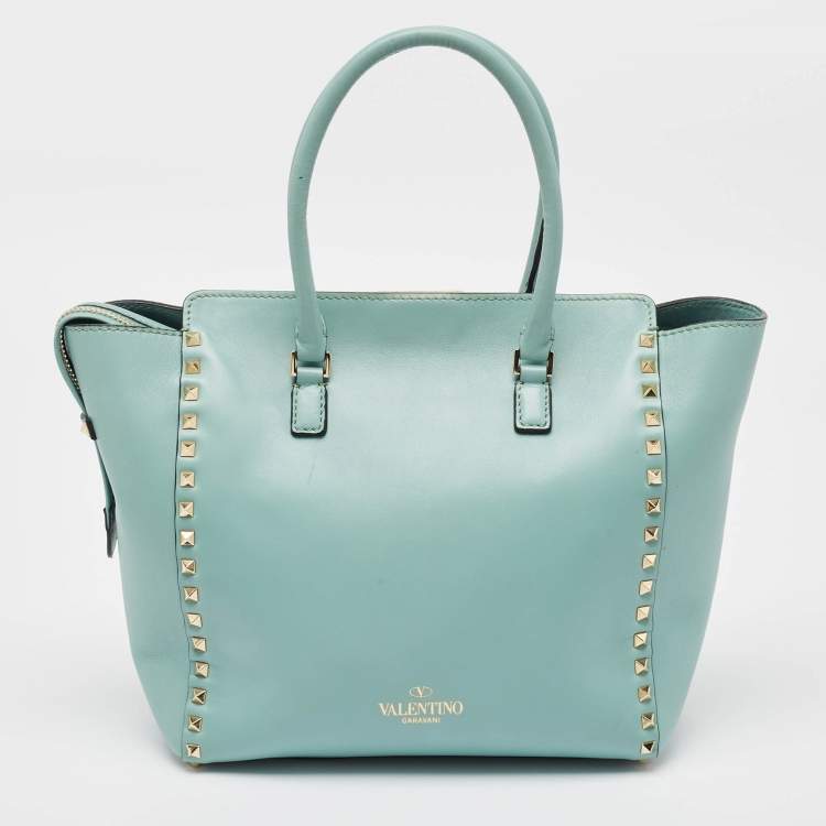 Pre Owned Valentino Light Blue Leather Medium Rockstud Trapeze Tote