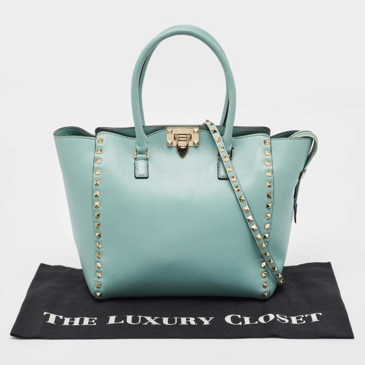 Pre Owned Valentino Light Blue Leather Medium Rockstud Trapeze Tote