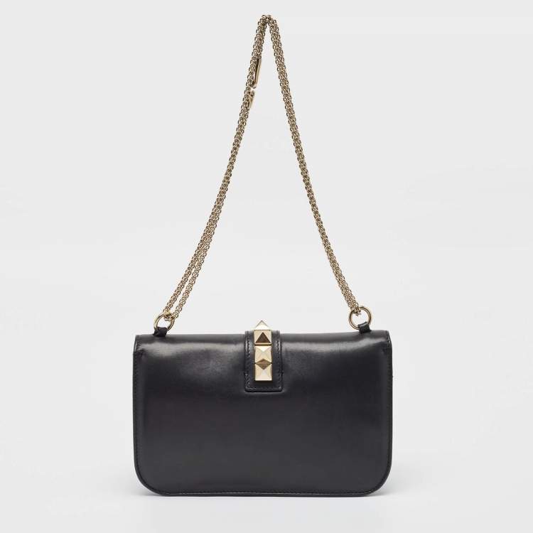 Pre Owned Valentino Black Leather Medium Rockstud Glam Lock Flap Bag