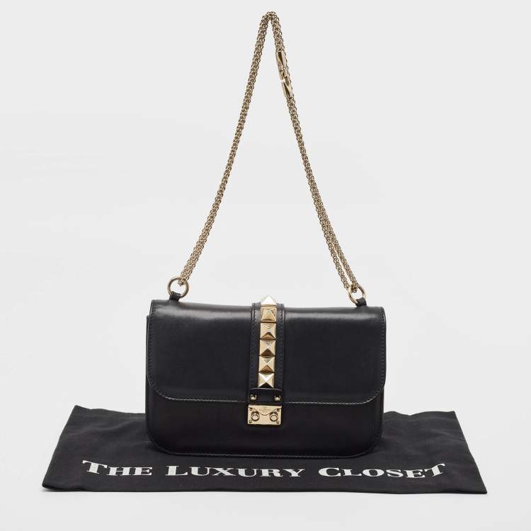 Pre Owned Valentino Black Leather Medium Rockstud Glam Lock Flap Bag