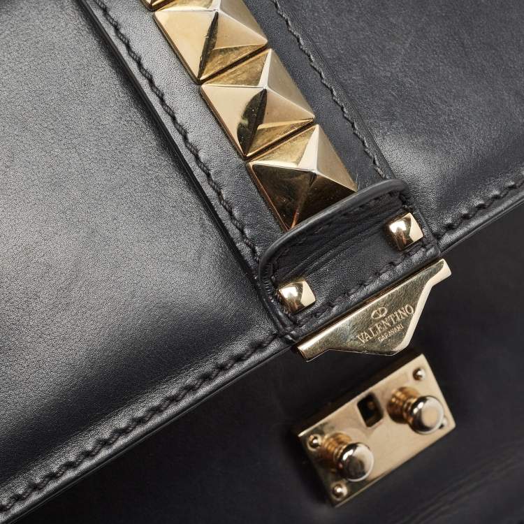 Pre Owned Valentino Black Leather Medium Rockstud Glam Lock Flap Bag