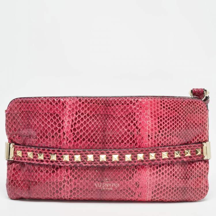 Pre Owned Valentino Pink Snakeskin Rockstud Wristlet Clutch
