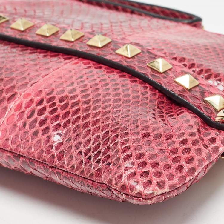 Pre Owned Valentino Pink Snakeskin Rockstud Wristlet Clutch