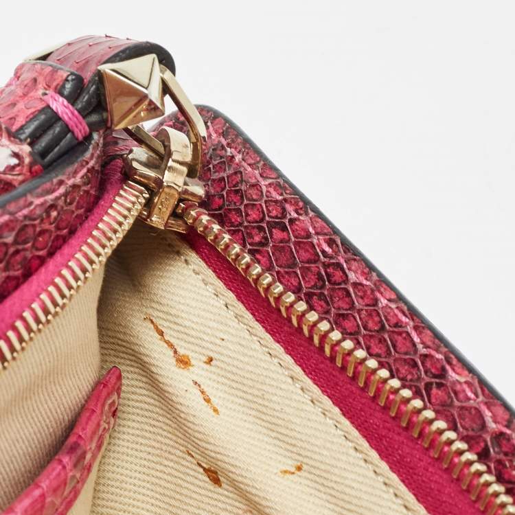 Pre Owned Valentino Pink Snakeskin Rockstud Wristlet Clutch