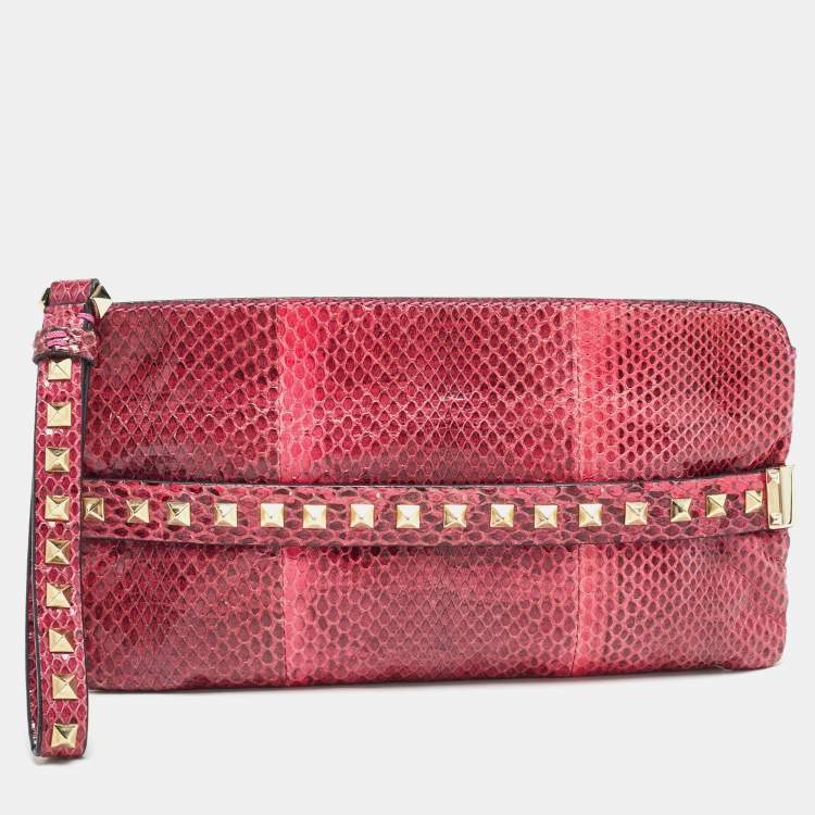 Pre Owned Valentino Pink Snakeskin Rockstud Wristlet Clutch