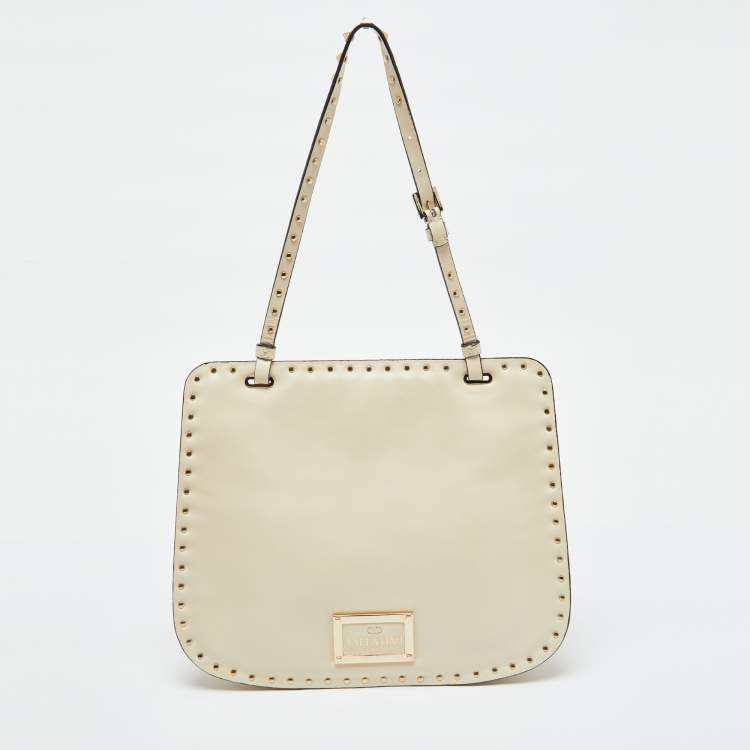 Pre Owned Valentino Off White Leather Rockstud Hobo
