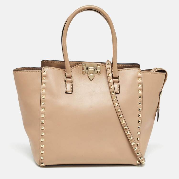 Pre Owned Valentino Beige Leather Rockstud Trapeze Tote