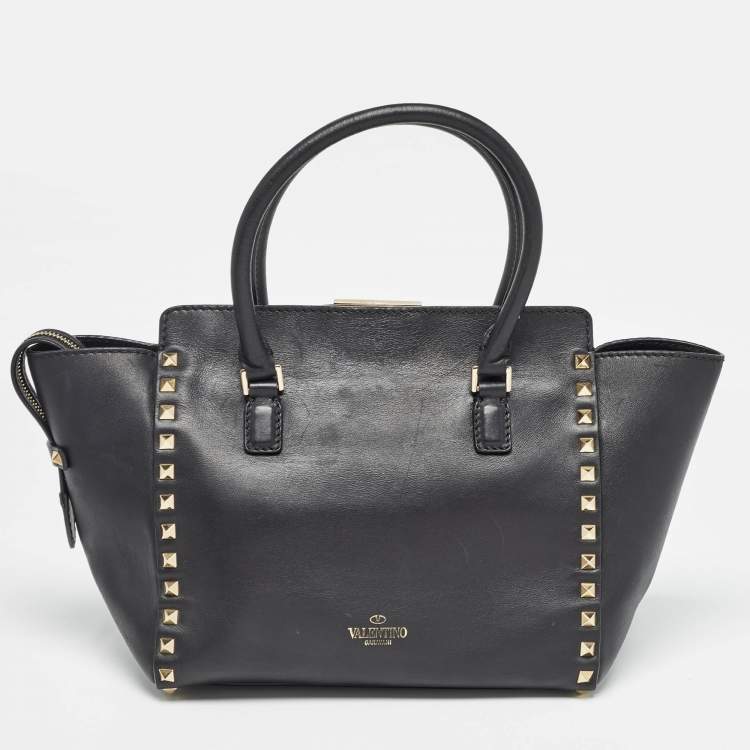 Pre Owned Valentino Black Leather Medium Rockstud Trapeze Tote