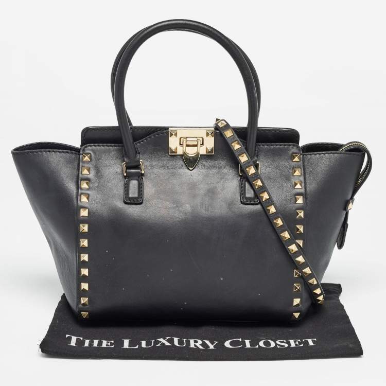 Pre Owned Valentino Black Leather Medium Rockstud Trapeze Tote