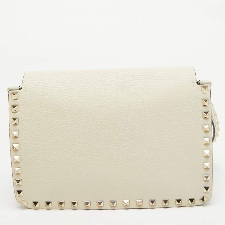 Pre Owned Valentino Off White Leather Rockstud Flap Crossbody Bag