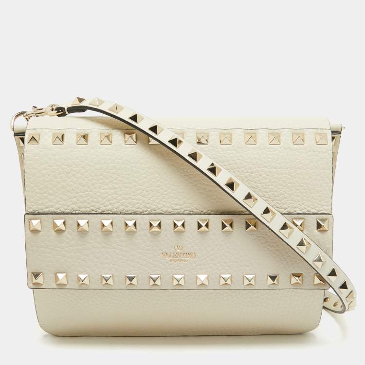 Pre Owned Valentino Off White Leather Rockstud Flap Crossbody Bag