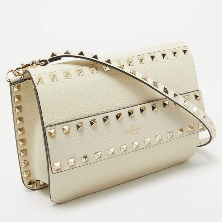 Pre Owned Valentino Off White Leather Rockstud Flap Crossbody Bag