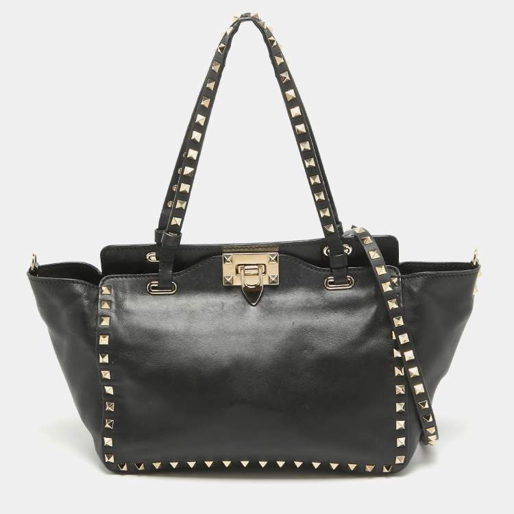 Pre Owned Valentino Black Leather Small Rockstud Trapeze Tote