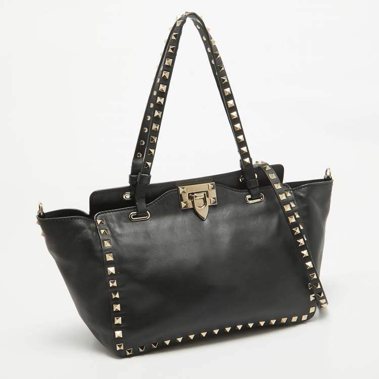 Pre Owned Valentino Black Leather Small Rockstud Trapeze Tote