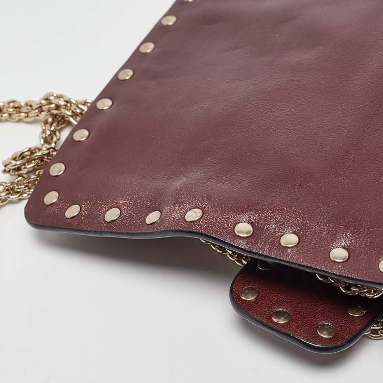 Pre Owned Valentino Burgundy Leather Large Rockstud Spike Top Handle Bag