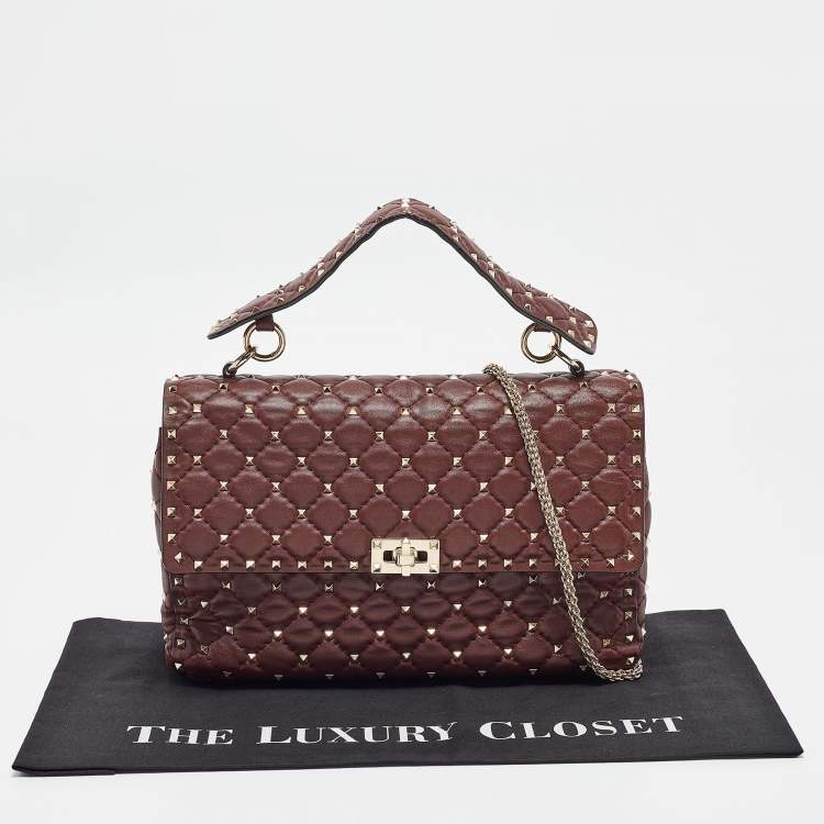 Pre Owned Valentino Burgundy Leather Large Rockstud Spike Top Handle Bag