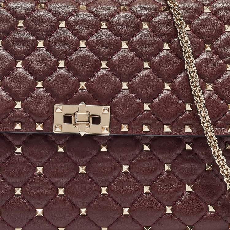 Pre Owned Valentino Burgundy Leather Large Rockstud Spike Top Handle Bag